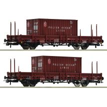 Roco 6600006 Pőrekocsi rakoncákkal készlet, Ks, Polish Ocean Lines konténerekkel, PKP IV
