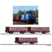 Tillig 01091 Tehervonati szerelvény, BR 346 dízelmodony nyitott teherkocsikkal, Pressnitztalbahn mbH VI