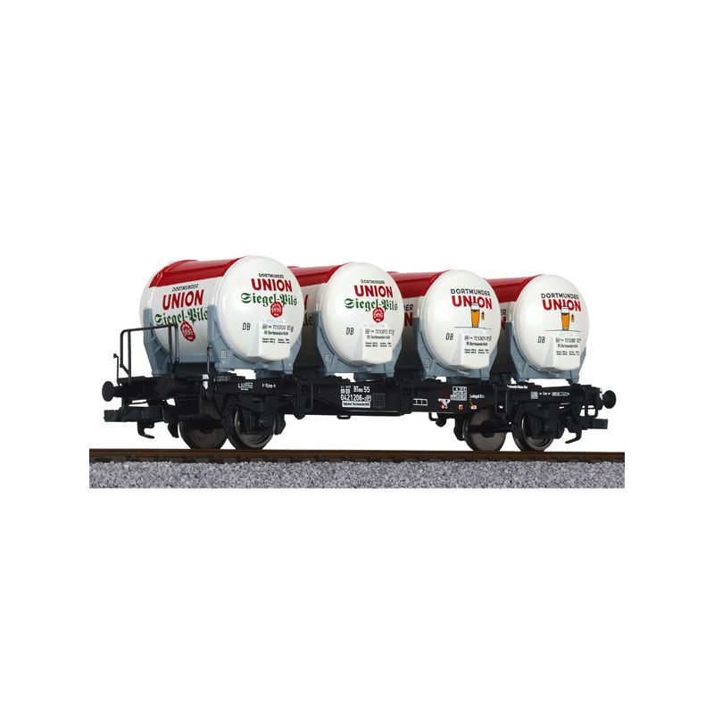 Liliput 235121 Tartályszállító pőrekocsi fékhíddal BTms 55, négy Ddikr 624 söröstartállyal DB IV