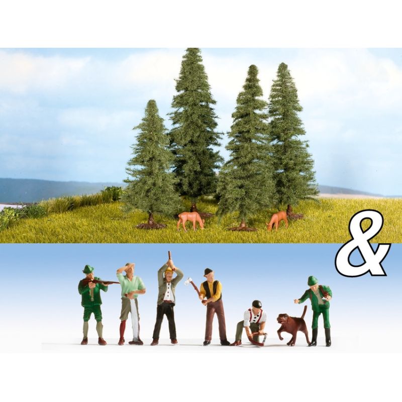 Noch 94015 Fenyőfák vadászokkal, favágókkal