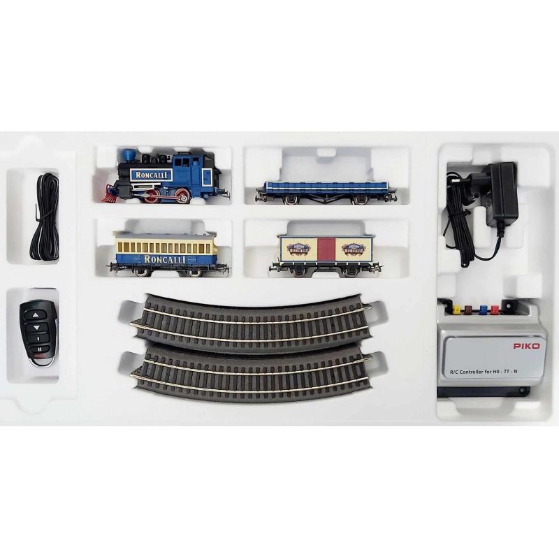 PIKO 57142 Kezdőkészlet, Roncalli, gőzmozdony személy- és tehervagonokkal, ágyazatos sínnel, RC-vezérléssel