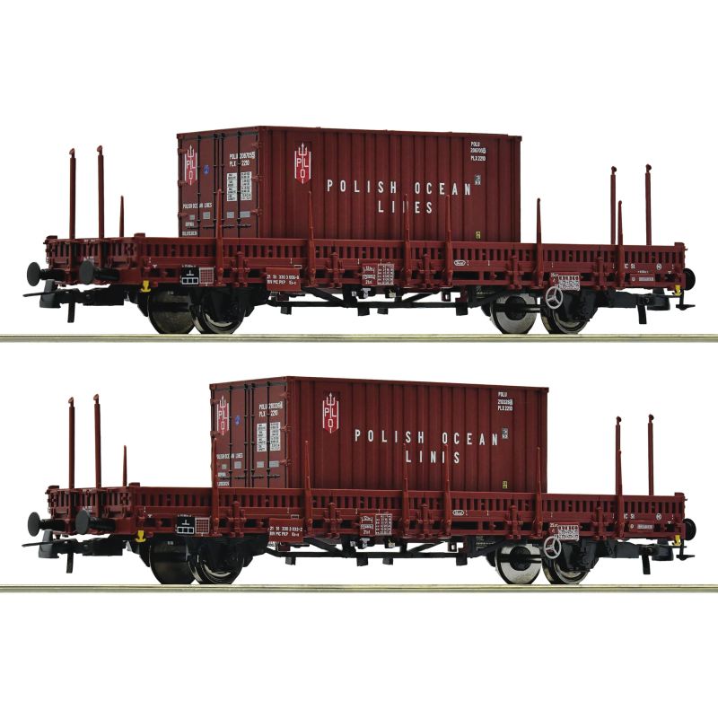 Roco 6600006 Pőrekocsi rakoncákkal készlet, Ks, Polish Ocean Lines konténerekkel, PKP IV