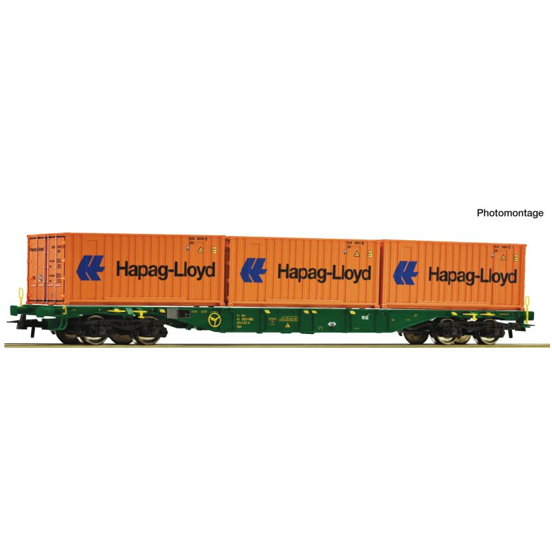 Roco 6600127 Pőrekocsi, Sgns, Hapag-Lloyd konténerekkel, GySEV V