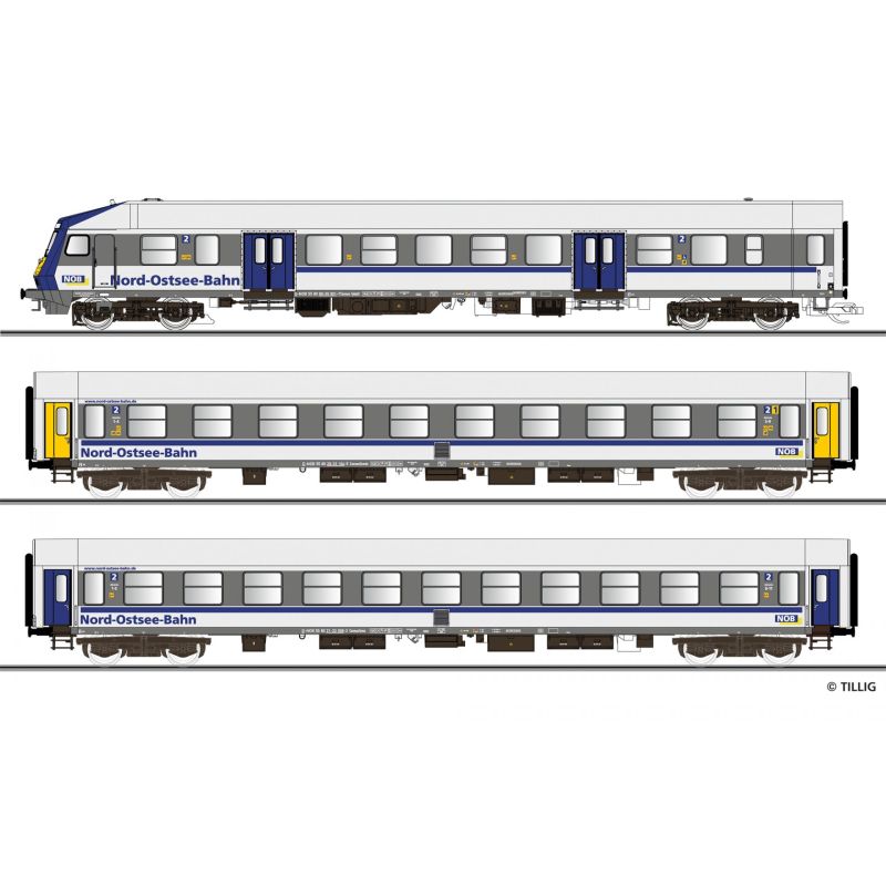 Tillig 01087 Személykocsi készlet, Nord-Ostsee-Bahn, NOB VI, funkciódekóderrel