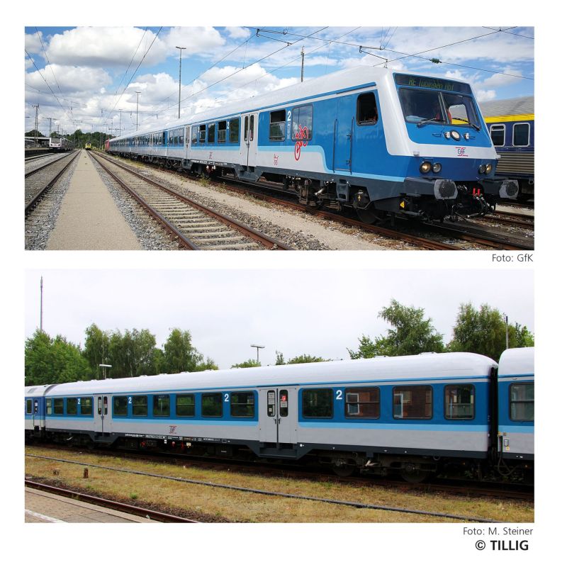 Tillig 01098 Reisezugwagenset der Gesellschaft für Fahrzeugtechnik mbH, bestehend aus einem Steuerwagen und einem Reisezugwagen 2. Klasse, Ep. VI