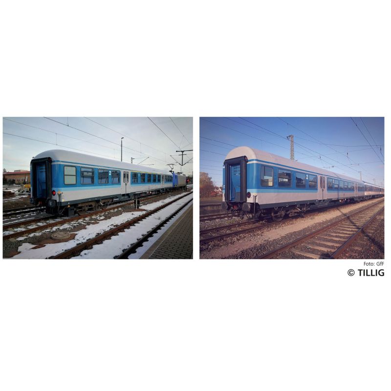 Tillig 01099 Reisezugwagenset der Gesellschaft für Fahrzeugtechnik mbH, bestehend aus zwei Reisezugwagen, Ep. VI