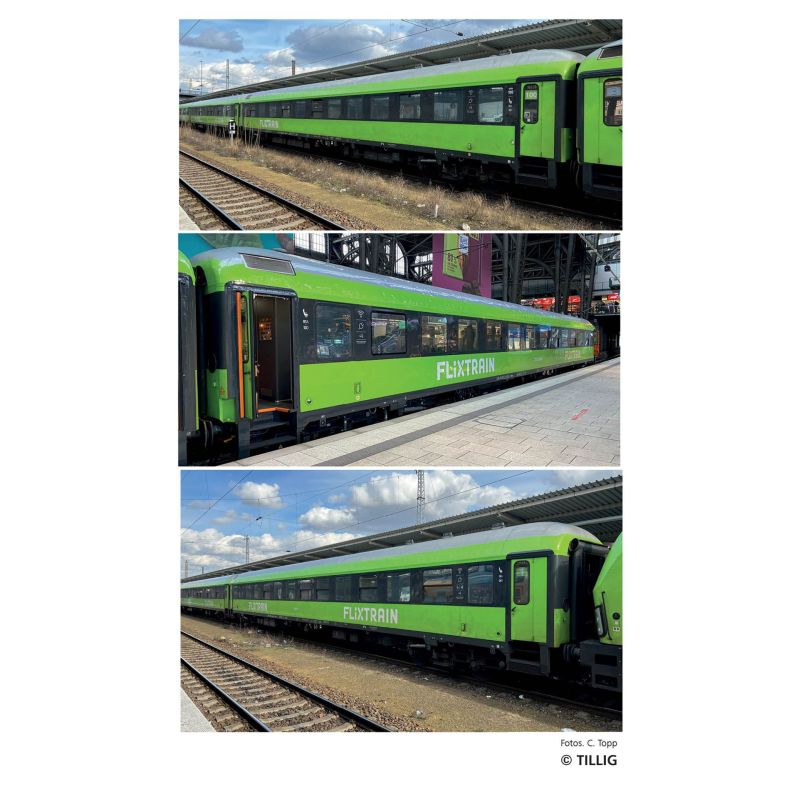 Tillig 01100 Reisezugwagenset „Flixtrain“, Teil 1, bestehend aus zwei Reisezugwagen Bmmz 264.4 und einem Bmmbz 166.4, Ep. VI