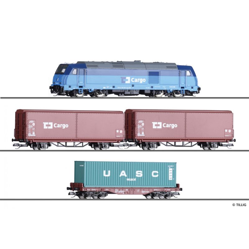 Tillig 01449 Kezdőkészlet, TRAXX dízelmozdony tehervagonokkal, CD Cargo VI