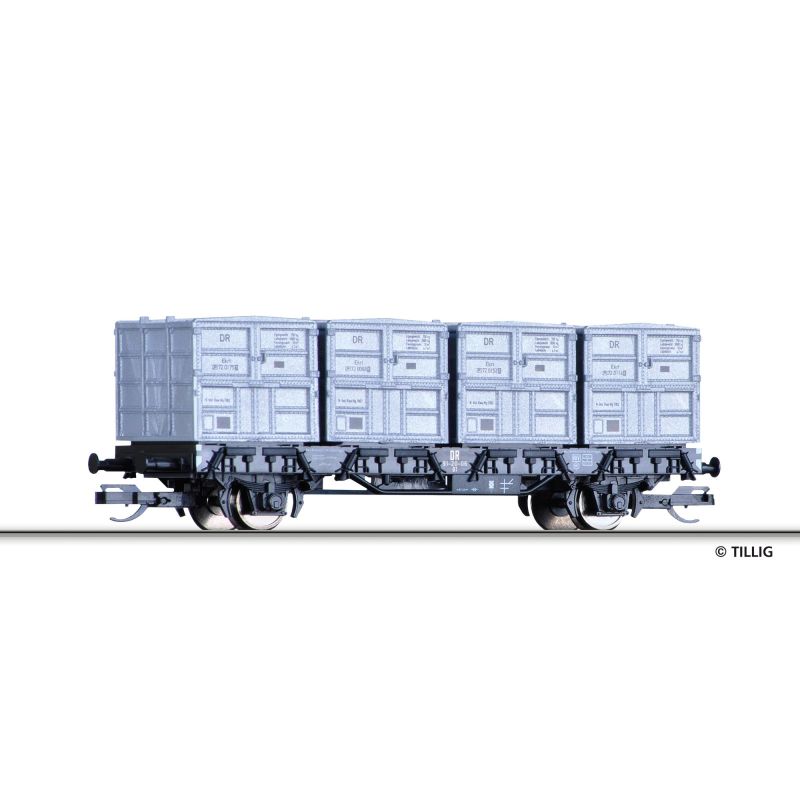 Tillig 14913 Behältertragwagen BT der DR, beladen mit vier Haus-zu-Haus Behältern, Ep. III