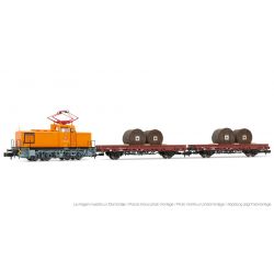 Arnold HN2300 Train set DB AG, contains Dízel mozdony, BR V 60D with pantograph, livery orange with grey wheels, and 2 flat wagons, loaded with cable drums