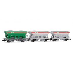 Arnold HN6339 3db set hopper wagons, STLB, Ep V, 2 in grey livery and 1 in green livery