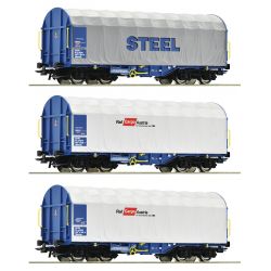 Roco 77024 Eltolható oldalfalú ponyváskocsi készlet, Shimmns, STEEL, Rail Cargo Austria, ÖBB VI