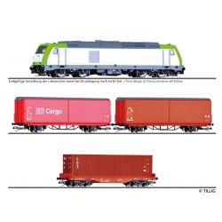 Tillig 01448 Einsteiger-Set Güterzug der DB AG bestehend aus Dízelmozdony TRAXX, zwei Eltolható oldalfalú kocsi Hbis-tt und einem Konténerszállító kocsi Sgmmns mit 40‘-Container, Ep. VI