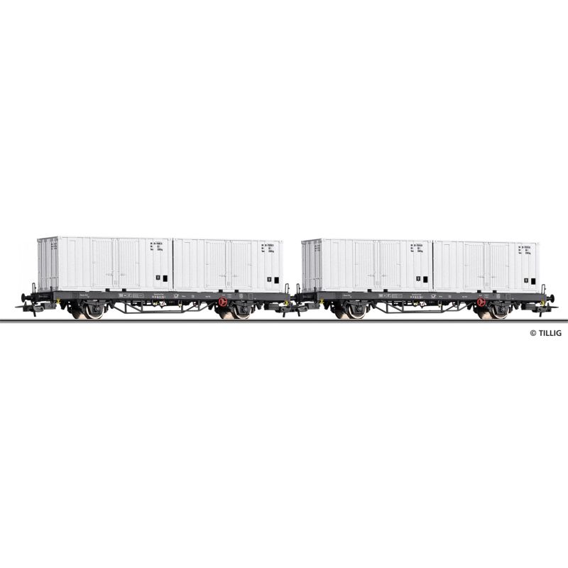 Tillig 70056 Güterwagenset der Deutschen Post, bestehend aus zwei Containertragwagen Post aa-t/12,8 beladen mit zwei 20 Container, Ep. IV