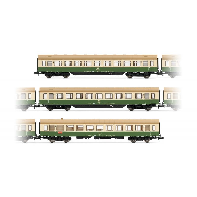 Arnold HN4244 3db set “Modernisierungswagen” DR, with side skirts, livery green-ivory (2.-restaurant)