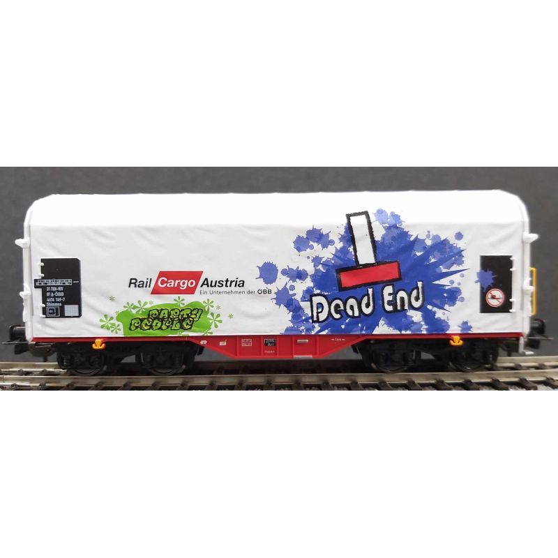 PIKO 58982 Eltolható oldalfalú ponyváskocsi, Shimmns, Rail Cargo Austria VI, graffitivel, 3. pályaszám