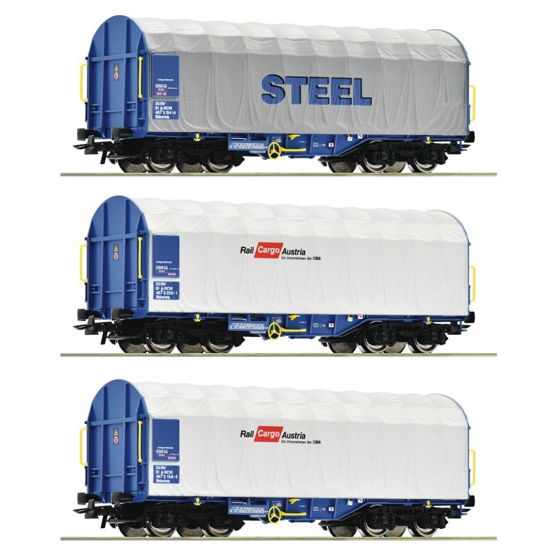 Roco 77024 Eltolható oldalfalú ponyváskocsi készlet, Shimmns, STEEL, Rail Cargo Austria, ÖBB VI