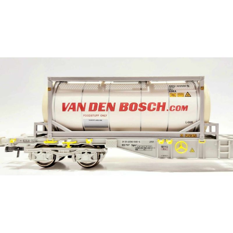 Roco 77347 Konténerszállító kocsi, Sgns, Van den Bosch tankkonténerekkel, PKP/AAE V-VI