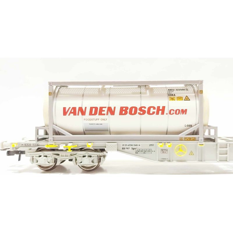 Roco 77347 Konténerszállító kocsi, Sgns, Van den Bosch tankkonténerekkel, PKP/AAE V-VI