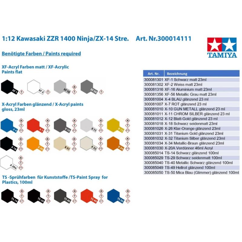 Tamiya 14111 1:12 Kawasaki ZZR 1400 Ninja/ZX-14 Stre.