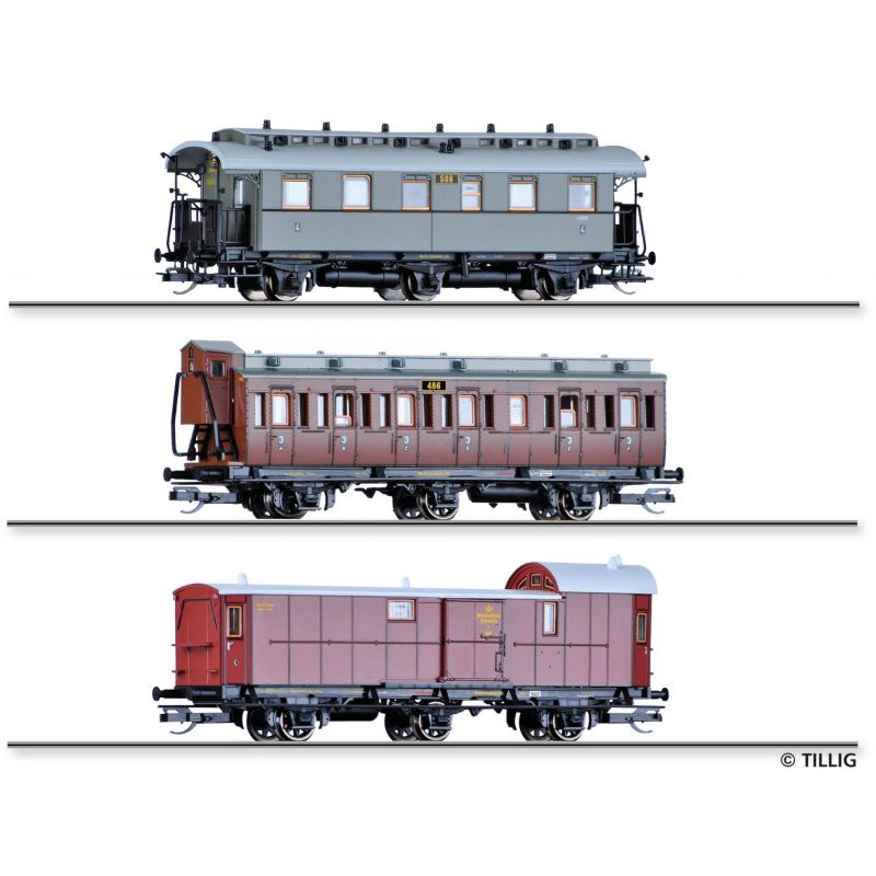 Tillig 01018 személykocsi szett „Mecklenburgischer Reisezug“ der M.F.F.E., zwei személykocsi und einem paklikocsi, Ep. I