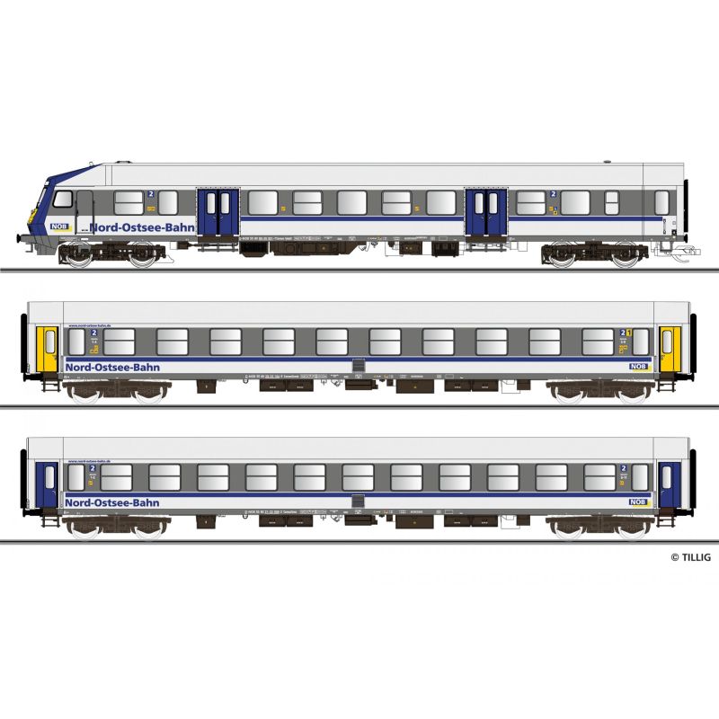 Tillig 01087 Személykocsi készlet, Nord-Ostsee-Bahn, NOB VI, funkciódekóderrel