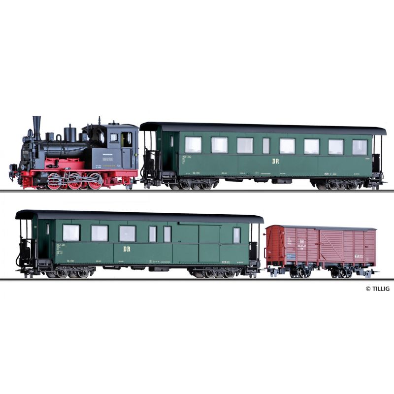 Tillig 01172 Zugset DR, Gőzmozdony BR 99.57, einem Personenwagen KB4i, einem paklikocsi KBD4i und einem gedeckten Güterwagen Gw, Ep. III