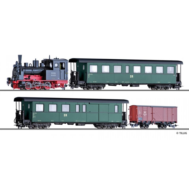 Tillig 01173 Zugset DR, Gőzmozdony BR 99.47, einem Personenwagen KB4i, einem paklikocsi KBD4i und einem gedeckten Güterwagen Gw, Ep. III