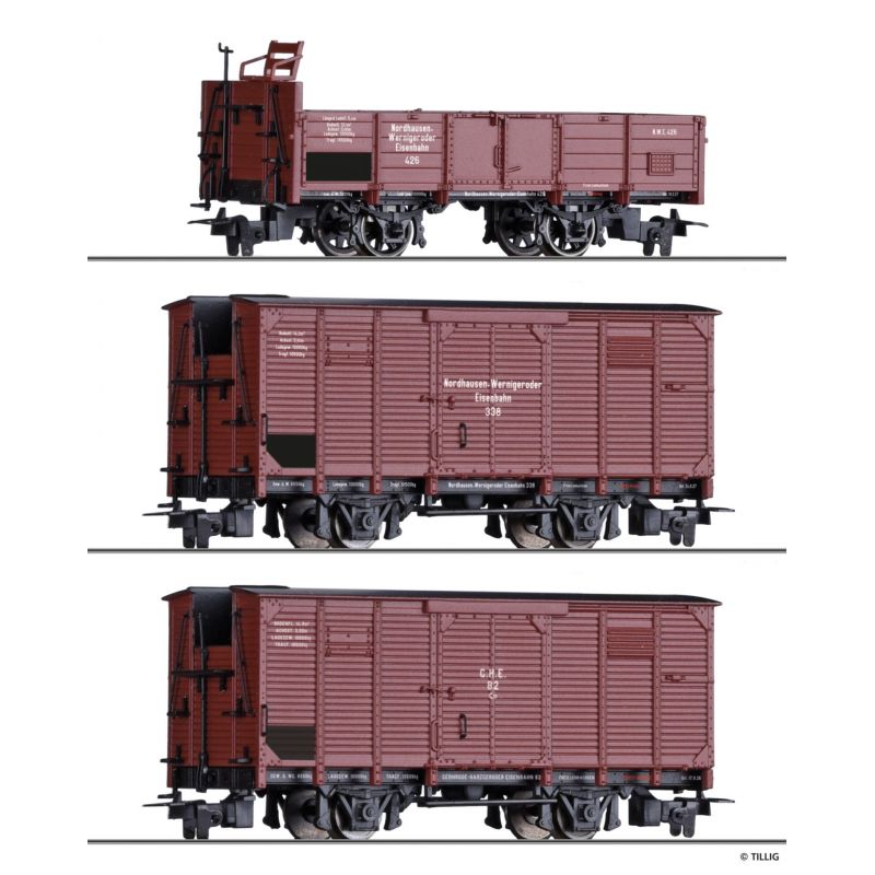 Tillig 01273 Teherkocsi szett der NWE / GHE, einem offenen Güterwagen und zwei gedeckten Güterwagen, Ep. II