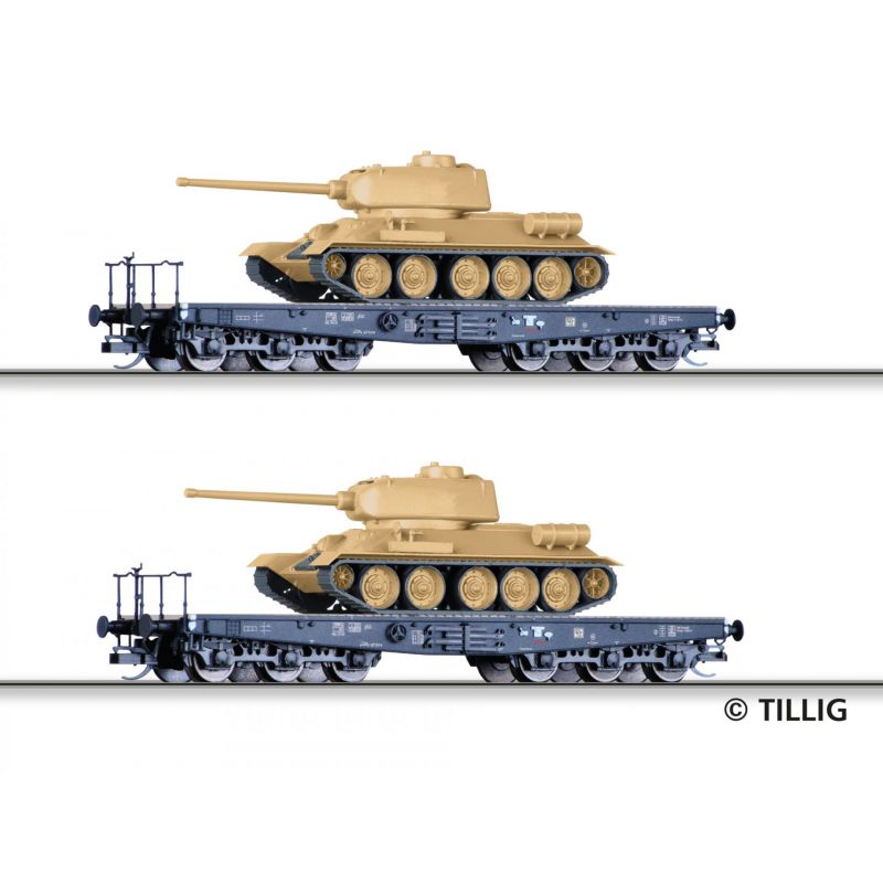 Tillig 01801 Güterwagenset der DR, bestehend aus zwei Schwerlastwagen SSyms, beladen mit Panzer T34/85, Ep. III