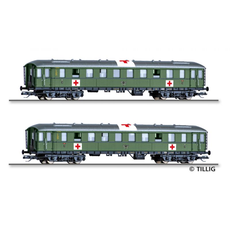 Tillig 01812 Personenwagenset Lazarettzug der DRG, bestehend aus zwei Személykocsi, Ep. II