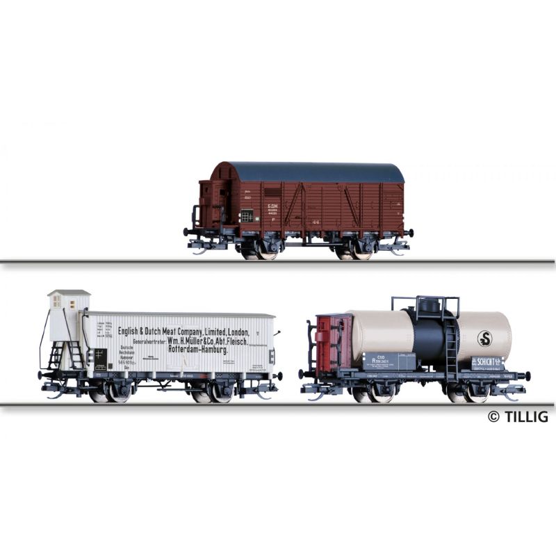 Tillig 01817 Güterwagenset der BDZ, DRG und ČSD, bestehend aus einem gedeckten Güterwagen der BDZ, einem Hűtőkocsi der DRG und einem Tartálykocsi der ČSD, Ep. II